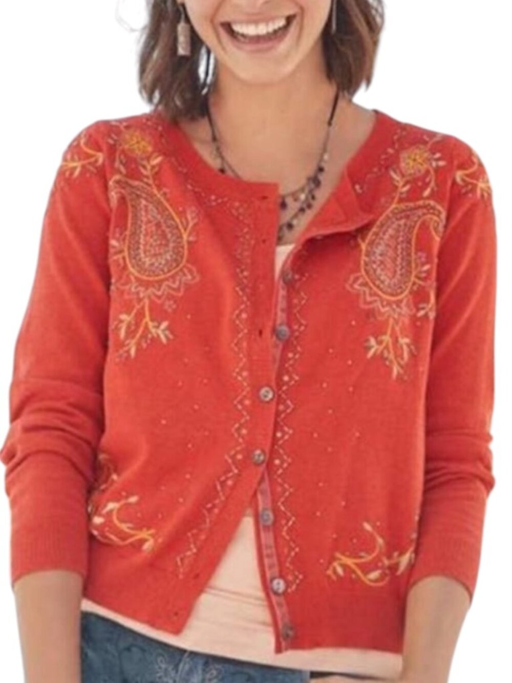 Sundance Salado Cardigan Sweater Beaded Embroidered Paisley Orange  M Petite PM